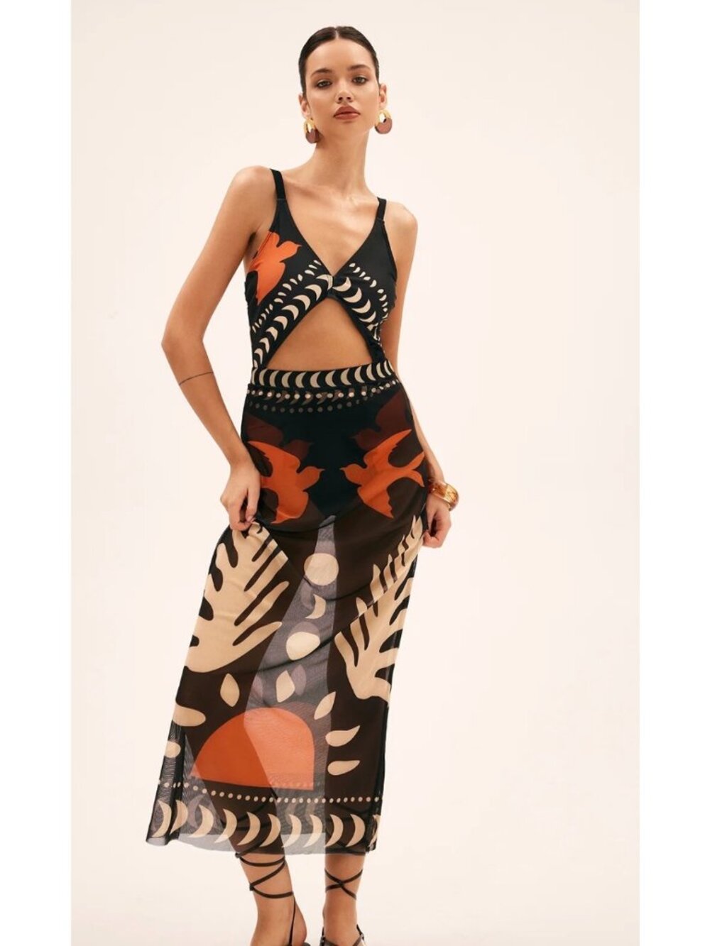 Commense Bird Print One Piece Swimsuit & Mesh Cover-Up Maxi Skirt Size M